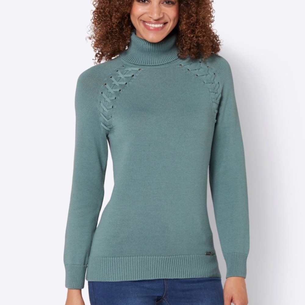 New Collection L Women’s Crossed Stitch Sweater turtle neck in Jade size 14